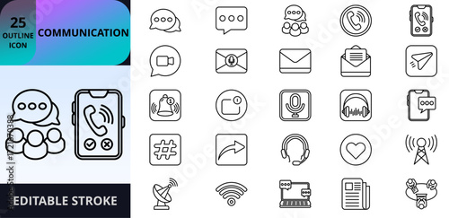 Collection of 25 outline communication icons in clean outline style. Includes chat, conversation, open mail, voicemail, and notification badge. Designed for UI/UX, apps, websites, and digital platform