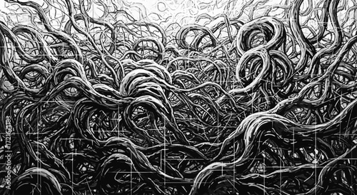 Detailed monochrome illustration of dense, intertwined root-like structures forming an abstract organic network, symbolizing complexity and growth.
