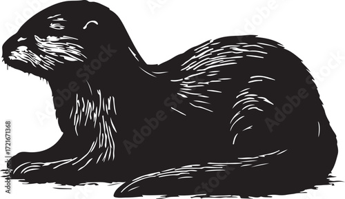 Detailed black and white illustration of a sitting otter with textured fur and expressive face