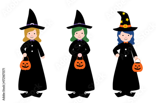 Halloween Witches Clipart Set.  
Cute Cartoon Young Witch in Black Robe Holding a Pumpkin Candy Bucket.
Flat Vecto Illustration Graphic Design.
White background.