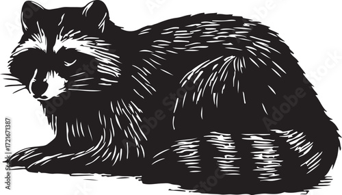 Detailed black and white illustration of a seated raccoon with distinctive facial markings and striped tail
