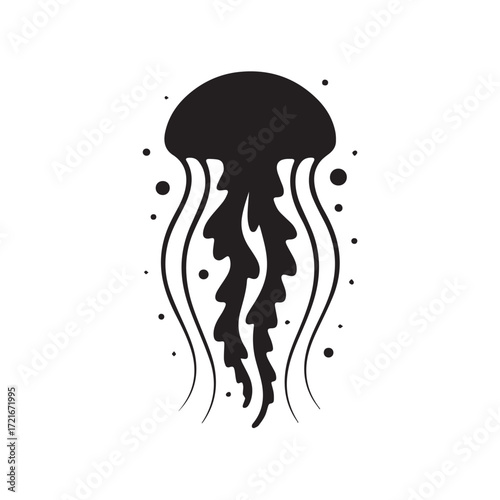 Black silhouette of a jellyfish with tentacles and dots, isolated on white background