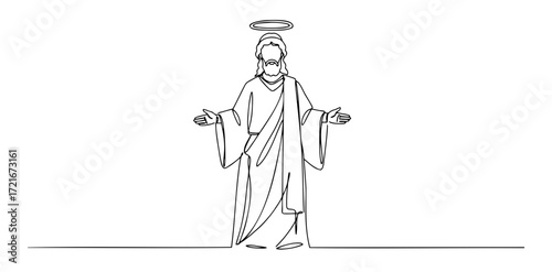 Saint standing with open arms and halo in minimalist style  