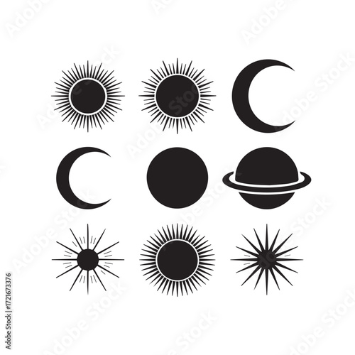 Collection of celestial bodies including suns, moons, and a planet isolated on white background
