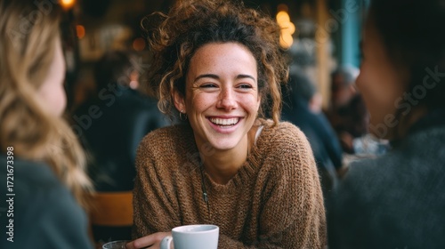 A candid photo of a woman laughing while chatting with her friends over coffee.