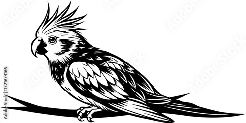 Ultra-realistic digital painting of a cockatiel bird perched on a branch. Fine feather details with soft gray plumage, bright yellow face, and orange cheek patches. Natural sunlight highlights the tex