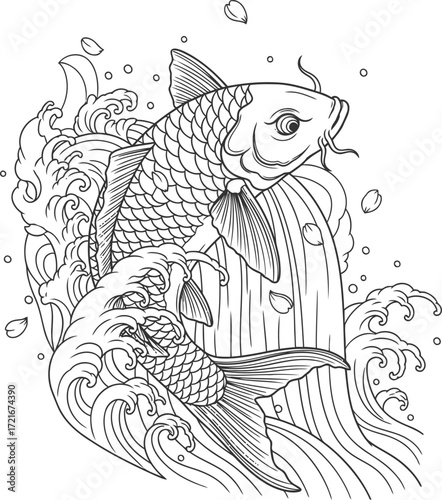 Japanese Koi fish and waves vector tattoo line art
