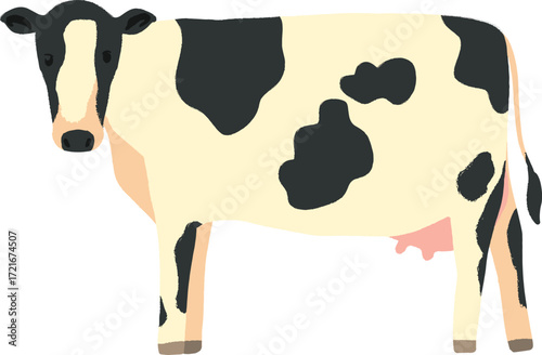 A cartoon cow with black patches on a cream body standing