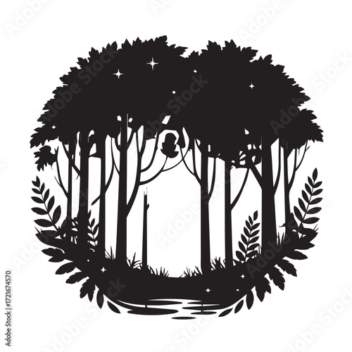 Silhouette of a dense forest with a path and stars, isolated on white background