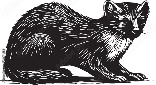 Detailed illustration of a black and white woodcut style drawing of a wild animal sitting alertly