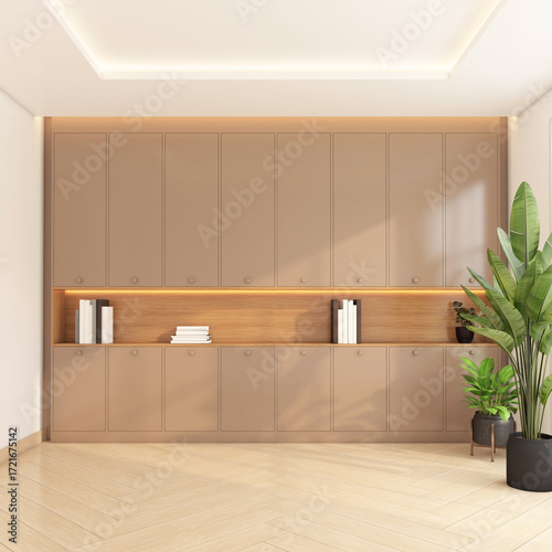 Modern minimalist empty room with built-in cabinet and wooden shelf, Green indoor plants on the side. 3d rendering