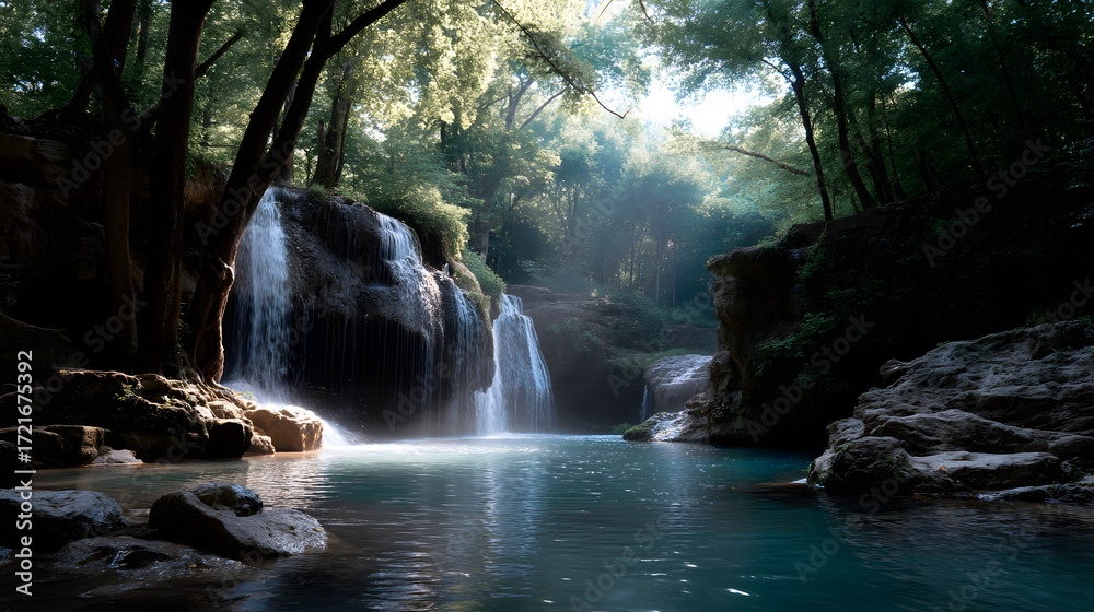 Fototapeta premium A serene waterfall framed by vibrant green foliage with soft sunlight filtering through trees, creating a tranquil and refreshing natural landscape, ideal for backgrounds or travel content.