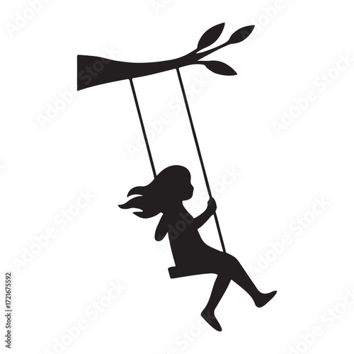 Vector art of silhouette of a girl on a swing hanging from a tree