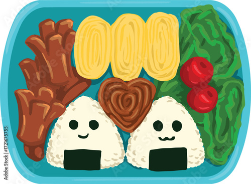 A cartoon bento box with onigiri faces tamagoyaki and food decorations