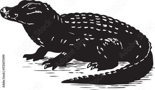 Black silhouette of a small alligator or crocodile with textured skin on a white background