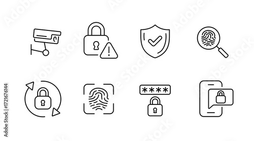 Cybersecurity and privacy outline icons set – secure, technology, protection symbols
