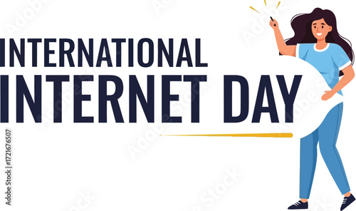 Woman celebrates international internet day with a wand on white background