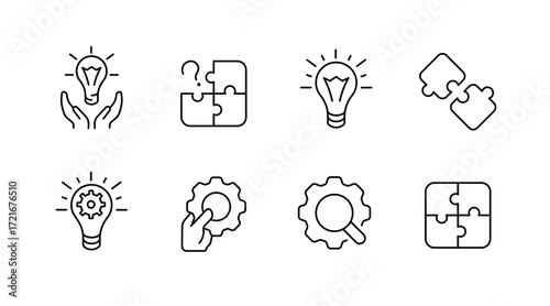 Brainstorming and innovation icons set – linear, idea, and creative process symbols