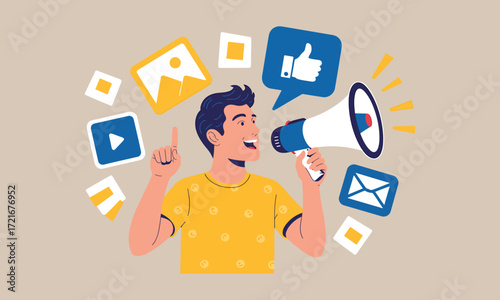 A flat vector cartoon illustration of business people and a worker with a megaphone is a concept symbol for sharing an idea