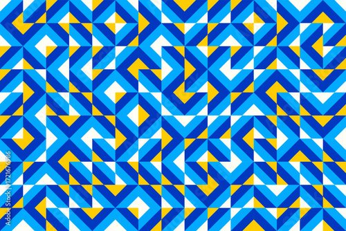 Blue yellow random diagonals, Colorful zigzags and triangles, diamonds, seamless geometric vector pattern . Bold abstract background design