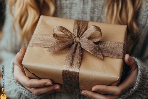 Hands holding gift box tied with gold ribbon. Perfect for showing holiday spirit, love, or giving.