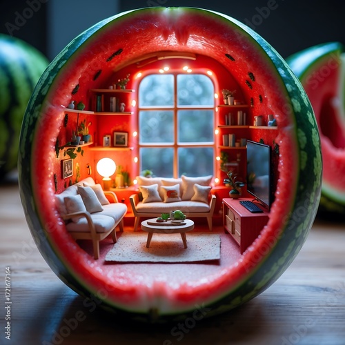 Ultra-realistic artistic living space inside a ripe watermelon half, glowing warm lights on juicy red interior walls, tiny modern furniture, whimsical yet natural ambiance, perfect for creative mockup