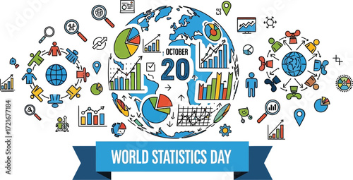 World statistics day banner with globe and data charts illustration