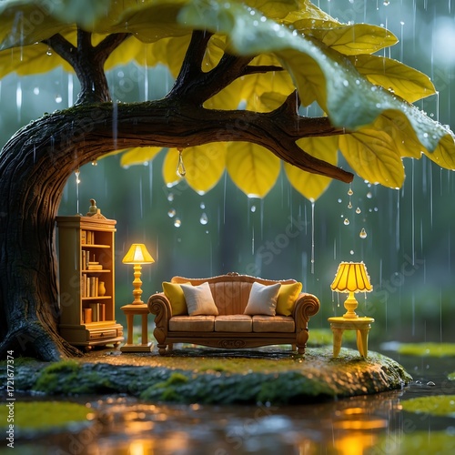 Ultra-HD fairy-tale miniature living room on a giant tree branch, golden lamp glow, emerald leaves sheltering gentle rain, warm natural light creating a cozy, magical atmosphere—ideal for creative moc