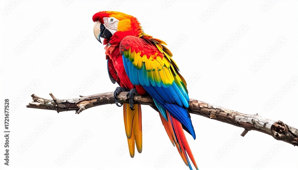 Fototapeta premium A parrot perched on a branch bright colorful feathers photorealistic realism white background with clean lighting 