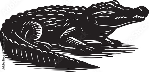 Black and white woodcut illustration of a fierce alligator with sharp teeth and scaly skin in a stylized design