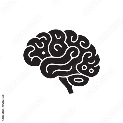 Stylized black and white illustration of a human brain, isolated on white background