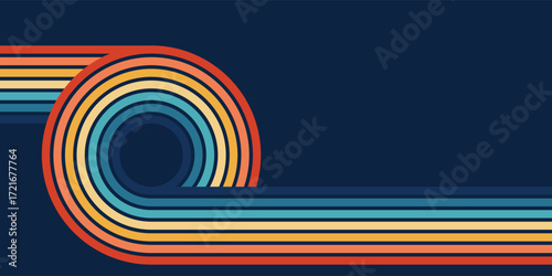 Colorful 70s retro vector background with rainbow wavy lines. Vintage psychedelic wallpaper in hippie style. Abstract groovy pattern for posters, textile, wrap and wall art