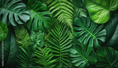 Lush green ferns and monstera leaves in dense tropical foliage backdrop. Perfect for nature themes, eco projects, or vibrant background design.