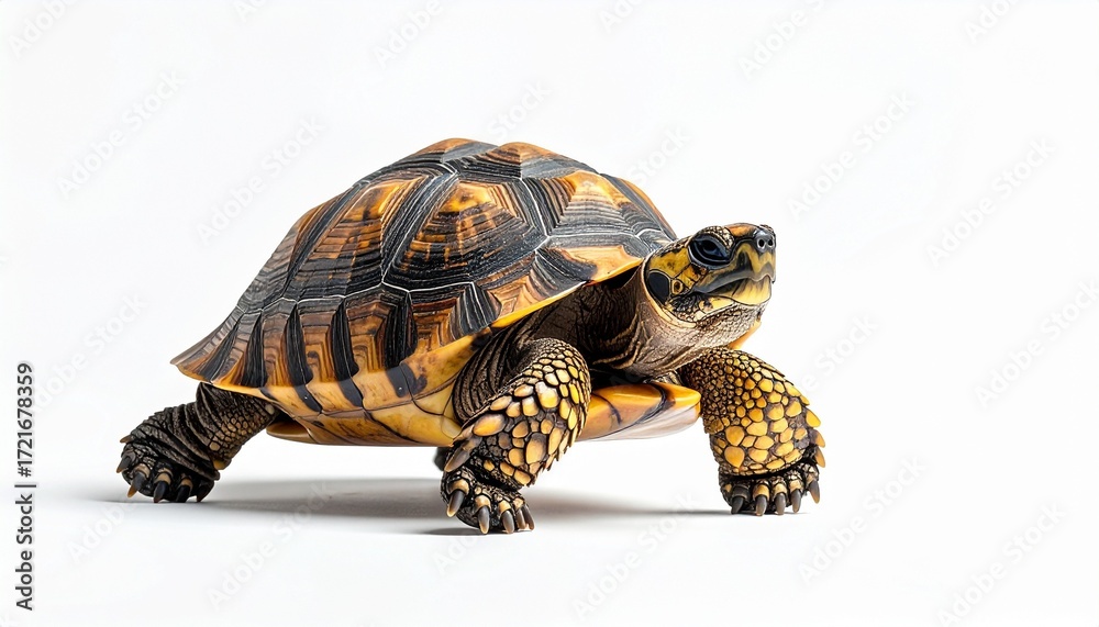 Obraz premium A turtle crawling slowly with detailed shell photorealistic texture white background with clean lighting