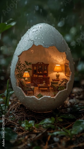 Ultra-HD miniature living room inside a cracked white eggshell, warm glowing lamps, vintage wooden furniture, soft natural light, raindrops and mist creating a cozy magical ambiance.