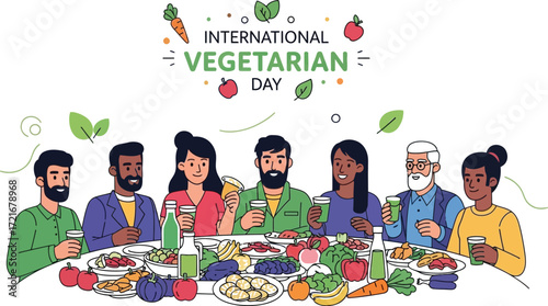 People celebrating international vegetarian day with healthy food together