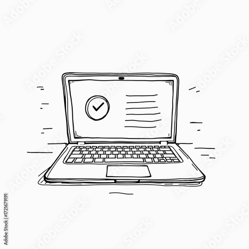 Laptop displaying check mark with minimal sketches on white background  