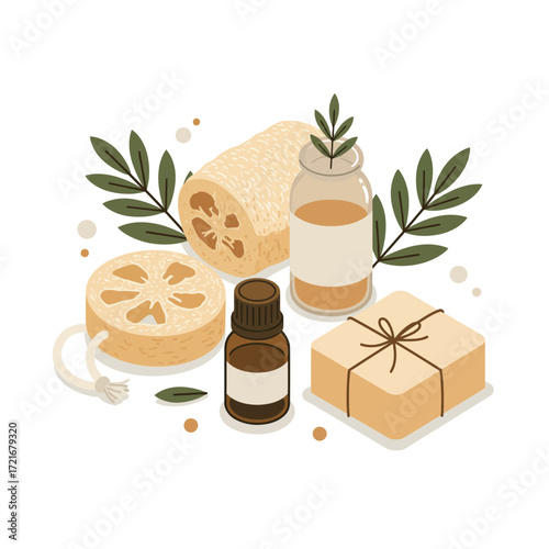 Natural Personal Care Set Illustration with Loofah Sponge, Essential Oil, and Organic Soap