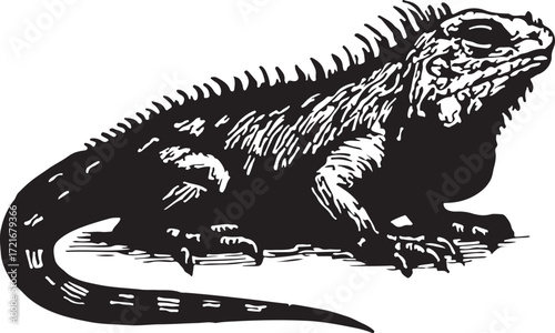 Detailed black and white illustration of a spiky iguana reptile with a long tail and textured skin