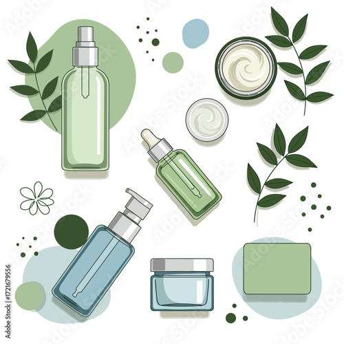 Natural organic skincare cosmetics products set with cream jars, dropper bottles, spray bottle, and green leaves in a flat lay illustration