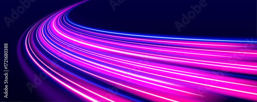 Purple light ribbons swirl and merge in a dark glowing vortex. A tunnel of energy pulses with digital intensity. Wavy lines blur into a fast abstract scene.