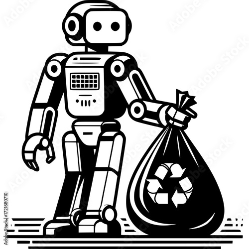 Robot holding trash bag: A mechanical marvel designed for a cleaner tomorrow, this robot, with its simple design, stands as a symbol of hope.