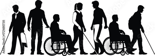 Diverse group of people with disabilities walking together in silhouette