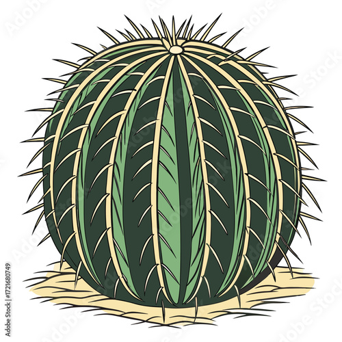 Solitary green cactus with sharp spines rests on sandy ground, showcasing transparent background