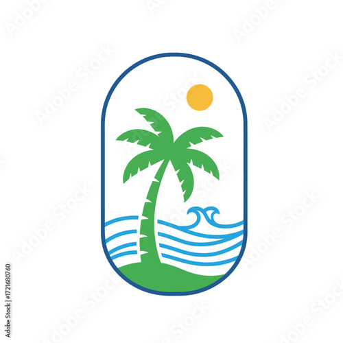 Stylized illustration of a tropical beach scene with a palm tree, ocean waves, and a sun, set within an oval frame.
