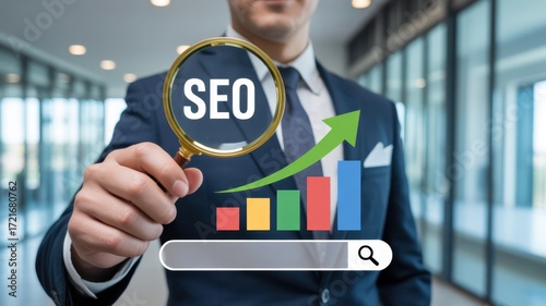 SEO Magnification: An expert in a tailored suit, the lens of a magnifying glass focuses on SEO with an upward trending chart, visualizing organic growth and data-driven success.