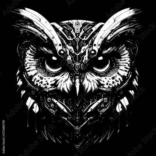 Steampunk Owl: A monochrome image of a striking owl, its features rendered in a detailed, mechanical steampunk style. Perfect for creative projects.