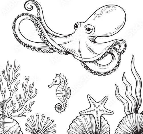 Black and white illustration of an octopus seahorse starfish coral and seashells vector