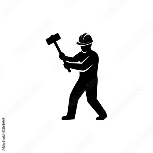 Silhouette of a construction worker wearing a hard hat, holding a large hammer overhead, ready to strike.