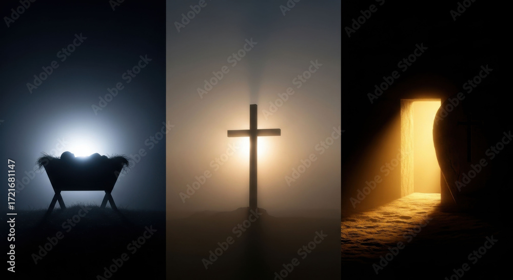 Naklejka premium Nativity scene, cross, and empty tomb. Christian religious concept for Christmas and Easter. Catholic and protestant worship.